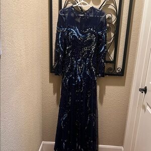 Mac Duggal Navy Blue Sequined Long Sleeve Evening Gown